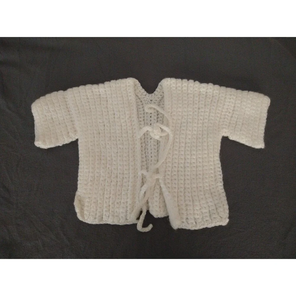 Vintage Handmade Crochet Chunky Knit White Ivory Baby Toddler Sweater cardigan